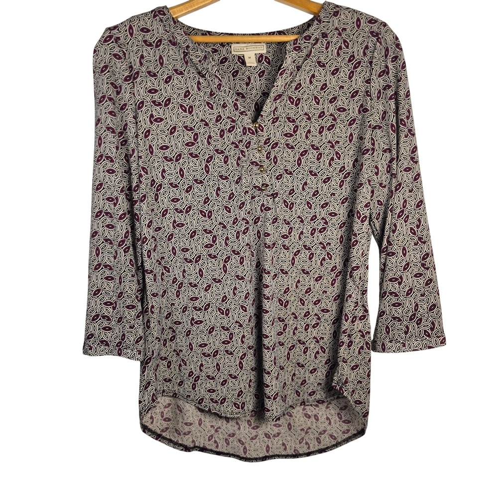 Dana Buchman Women's M Blouse Geometric Print 3/4 Sleeve Gold‎ Button
